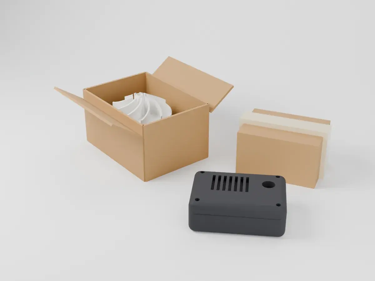 Shipping box with packed 3D-printed parts
