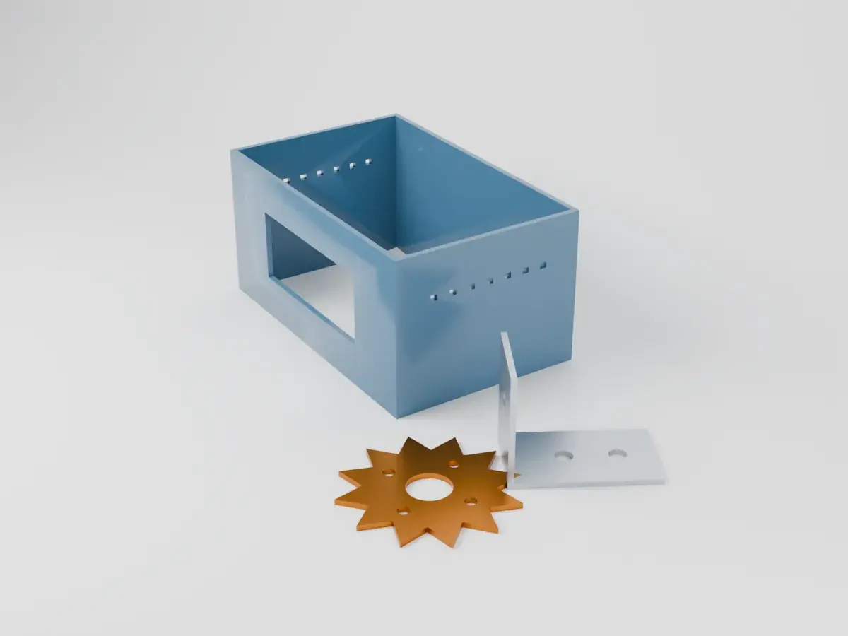 Powder-coated sheet metal enclosure, a stainless bracket and a laser-cut copper part