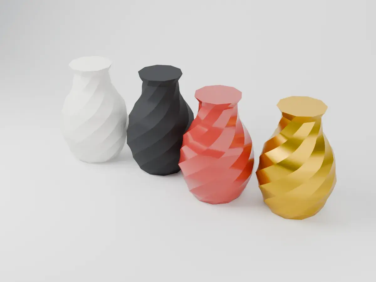 The same printed vase raw, dyed black, painted red and plated gold