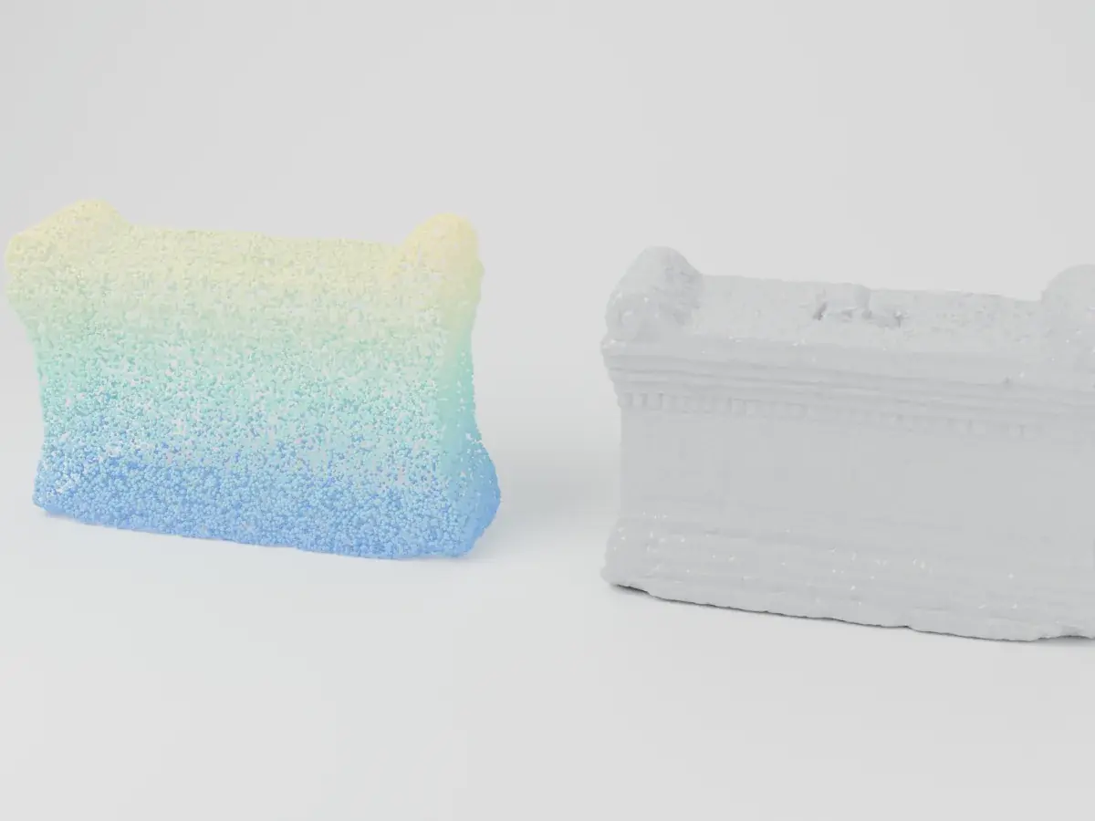 A stone altar from the Ulcinj museum as a 3D scan point cloud next to its 3D-printed replica