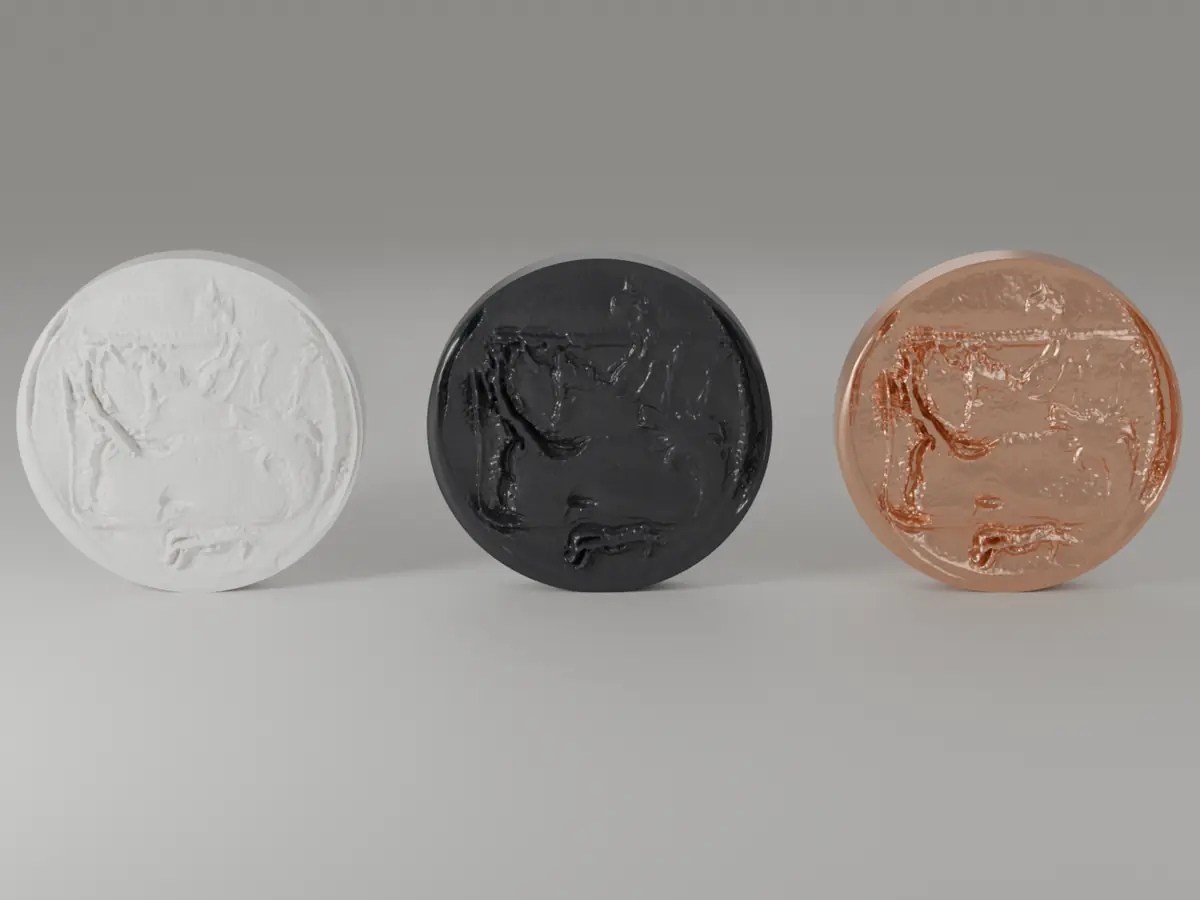 Replica of an ancient coin in white, black and copper finish