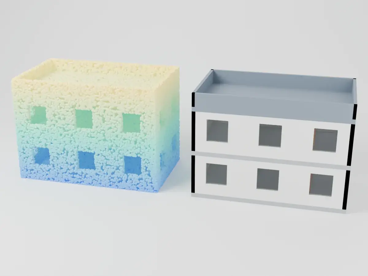 A building as a laser-scan point cloud next to the same building as a BIM model